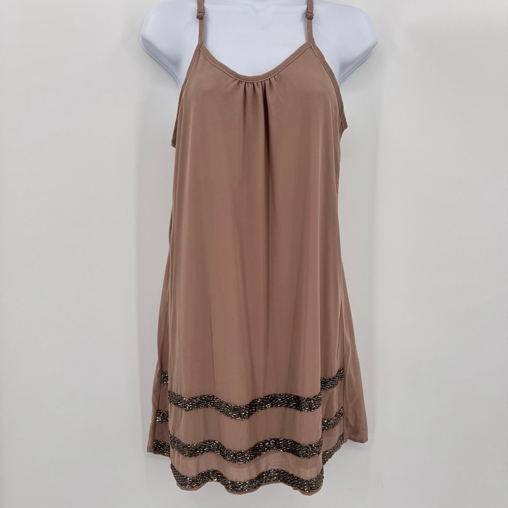 Tan Slip Dress Bronze Beaded Stripes Formal Special Occasion C. Luce Size Small